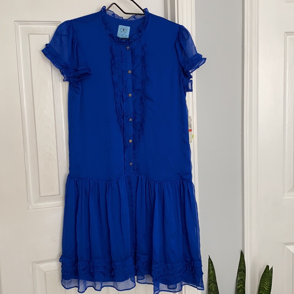 CeCe Ruffle Button Front Blue Dress NWT Size XS - Picture 3 of 10
